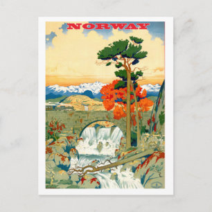 Norway, waterfall, vintage travel postcard