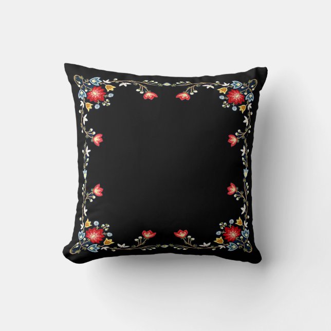 Norwegian Bunad Folk Costume Pattern on Black Throw Pillow (Front)