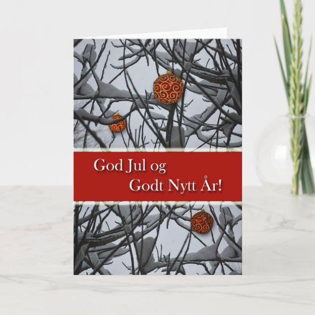 Norwegian Christmas, Ornaments in Snow Holiday Card (Front)