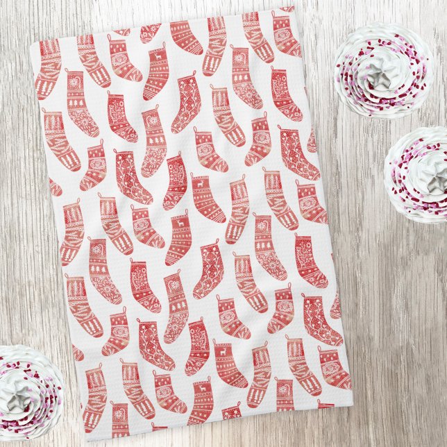 Norwegian Christmas Stockings Pattern Kitchen Towel (Nordic Scandinavian stockings and sock pattern art kitchen tea towel)