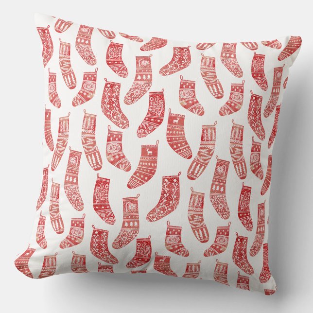 Norwegian Christmas Stockings Pattern Throw Pillow (Nordic Scandinavian stockings festive throw pillow)