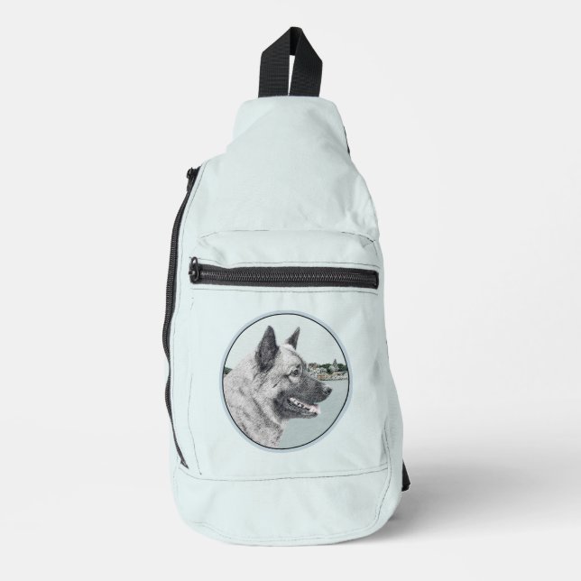 Norwegian Elkhound and Village Painting Dog Art Sling Bag (Front)