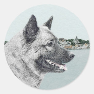 Norwegian Elkhound at Village Painting - Dog Art Classic Round Sticker