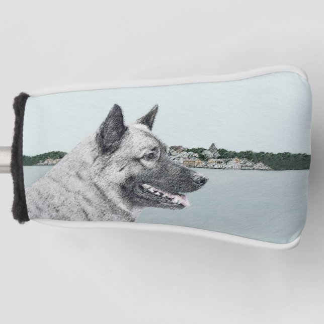 Norwegian Elkhound at Village Painting - Dog Art Golf Head Cover (Front)