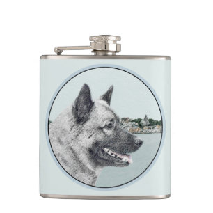 Norwegian Elkhound at Village Painting - Dog Art Hip Flask
