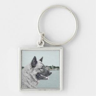 Norwegian Elkhound at Village Painting - Dog Art Keychain