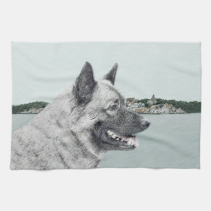 Norwegian Elkhound at Village Painting - Dog Art Kitchen Towel