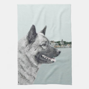 Norwegian Elkhound at Village Painting - Dog Art Kitchen Towel