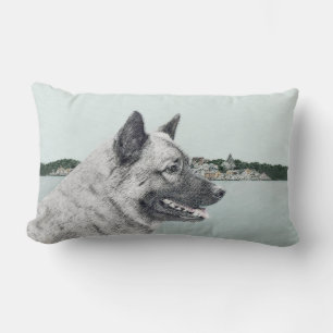 Norwegian Elkhound at Village Painting - Dog Art Lumbar Pillow