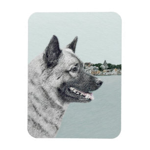 Norwegian Elkhound at Village Painting - Dog Art Magnet