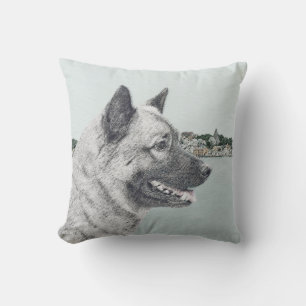 Norwegian Elkhound at Village Painting - Dog Art Outdoor Pillow