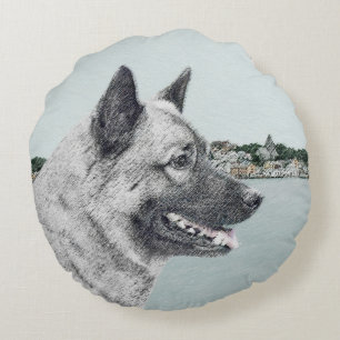 Norwegian Elkhound at Village Painting - Dog Art Round Pillow