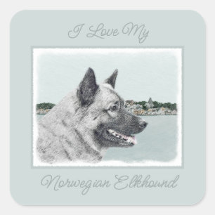 Norwegian Elkhound at Village Painting - Dog Art S Square Sticker