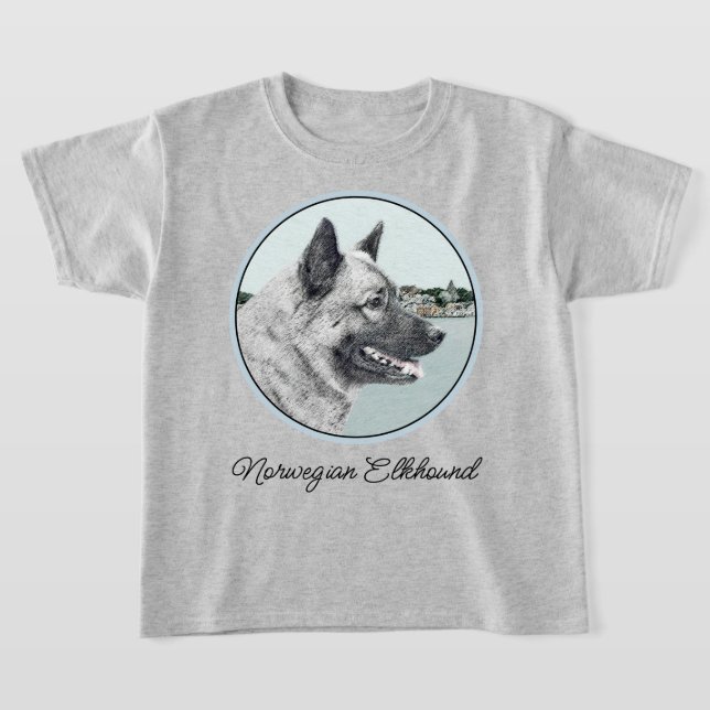 Norwegian Elkhound at Village Painting - Dog Art T-Shirt (Laydown)