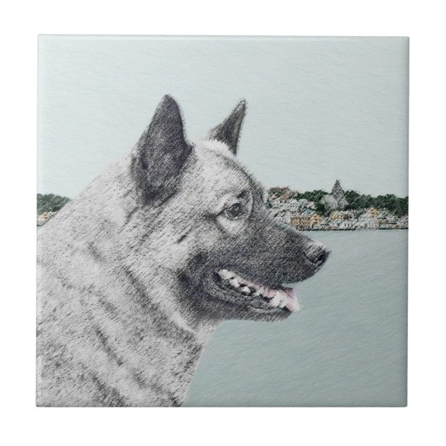 Norwegian Elkhound at Village Painting - Dog Art Tile (Front)