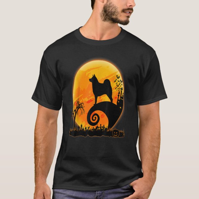 Norwegian Elkhound Dog And Moon Funny Halloween Co T-Shirt (Front)