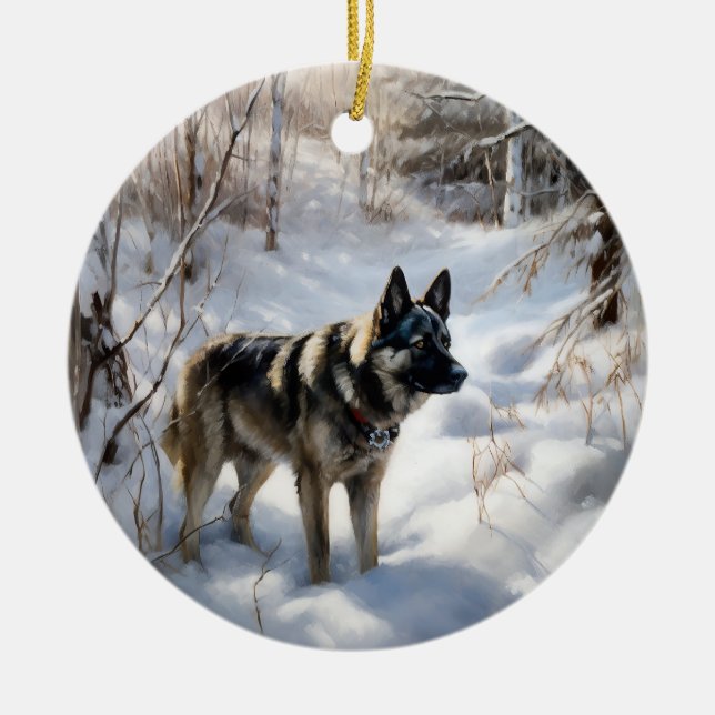 Norwegian Elkhound Let It Snow Christmas Ceramic Ornament (Front)