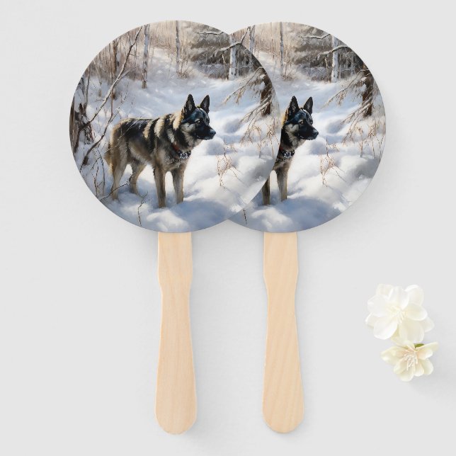 Norwegian Elkhound Let It Snow Christmas Hand Fan (Front and Back)