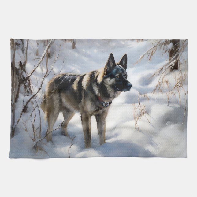 Norwegian Elkhound Let It Snow Christmas Kitchen Towel (Horizontal)