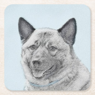 Norwegian Elkhound Painting - Original Dog Art Square Paper Coaster