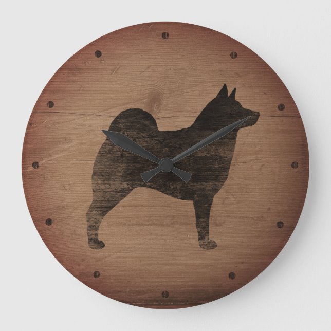 Norwegian Elkhound Silhouette Rustic Large Clock (Front)
