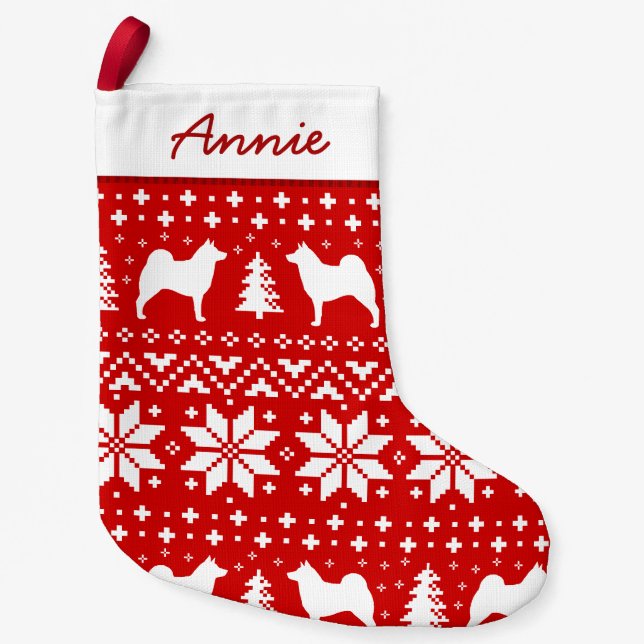 Norwegian Elkhound Silhouettes Holiday Pattern Small Christmas Stocking (Front)