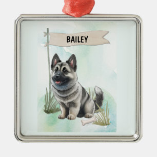 Norwegian Elkhound Watercolor Personalized Dog Metal Ornament