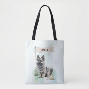 Norwegian Elkhound Watercolor Personalized Dog Tote Bag