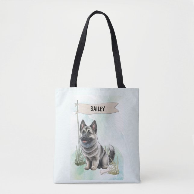 Norwegian Elkhound Watercolor Personalized Dog Tote Bag (Front)