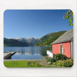 Norwegian fjord and boathouse mousepad