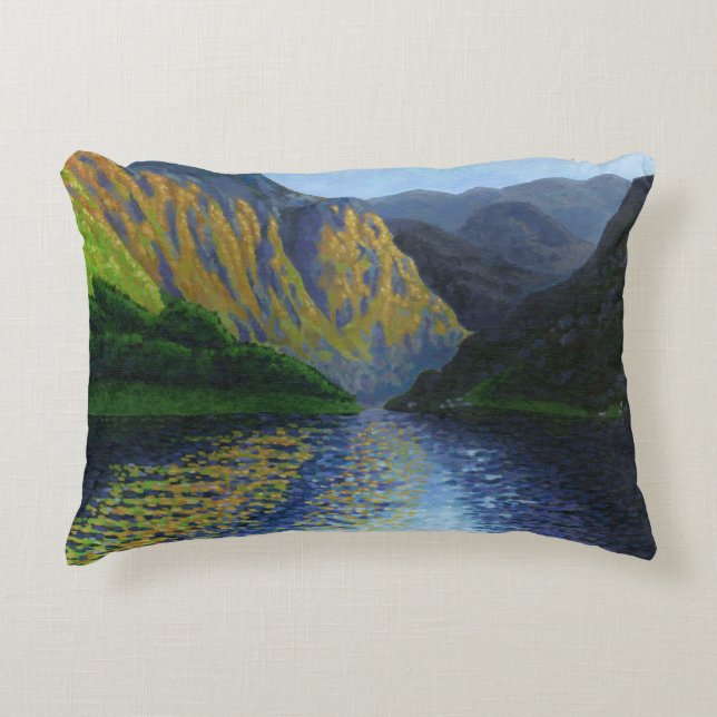 Norwegian fjord approaching sunset accent pillow (Front)