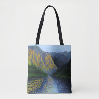Norwegian fjord approaching sunset tote bag