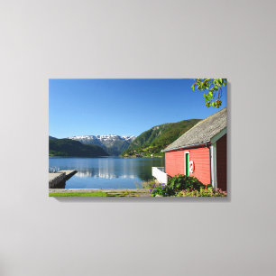 Norwegian fjord view and boathouse canvas print