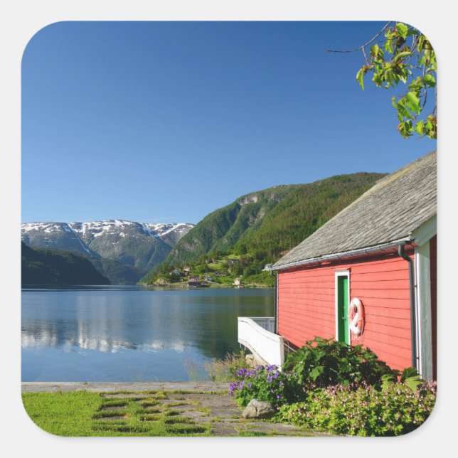 Norwegian fjord view and boathouse sticker (Front)