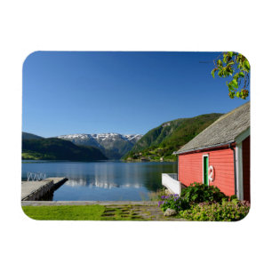 Norwegian fjord view + boathouse rectangle magnet