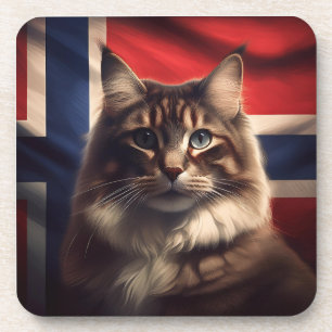 Norwegian Forest Cat In Front Of Norwegian Flag Coaster