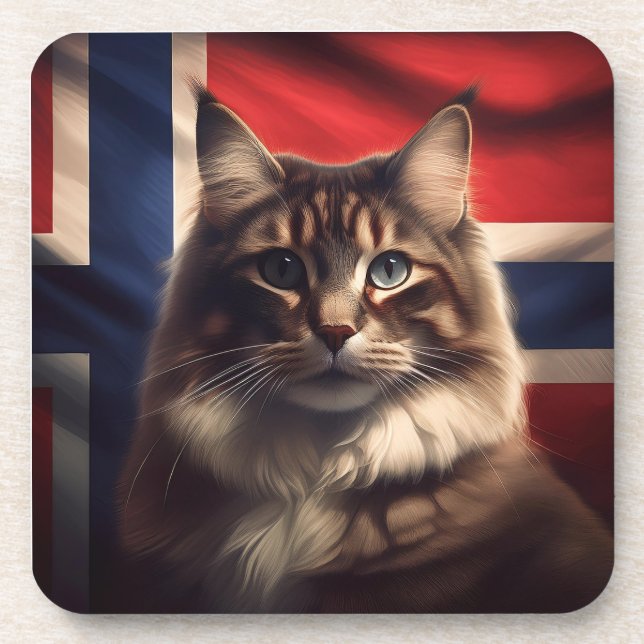 Norwegian Forest Cat In Front Of Norwegian Flag Coaster (Front)
