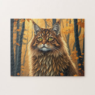 Norwegian Forest Cat in Golden Autumn Forest Jigsaw Puzzle