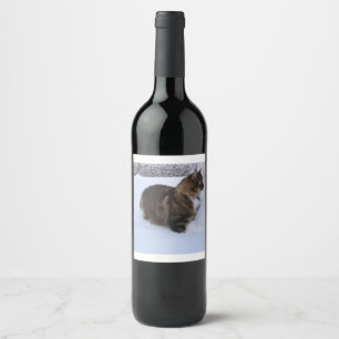 norwegian forest cat in snow wine label