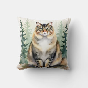 Norwegian Forest Cat Watercolor Woodland Art Throw Pillow
