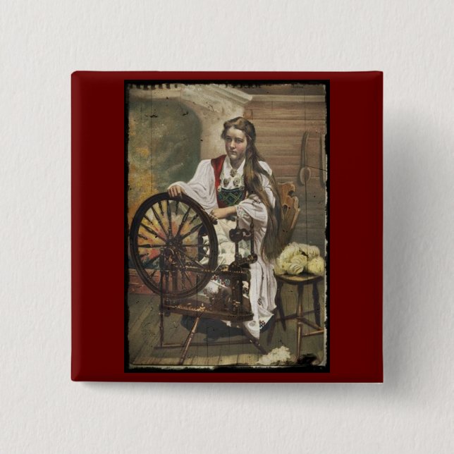 Norwegian Girl at a Spinning Wheel 2 Inch Square Button (Front)