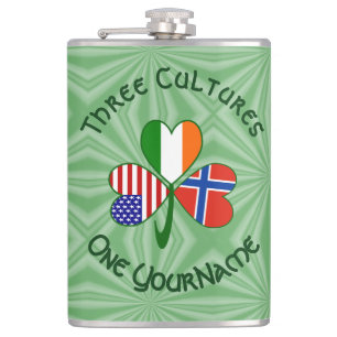 Norwegian Irish American Shamrock Personalized Hip Flask