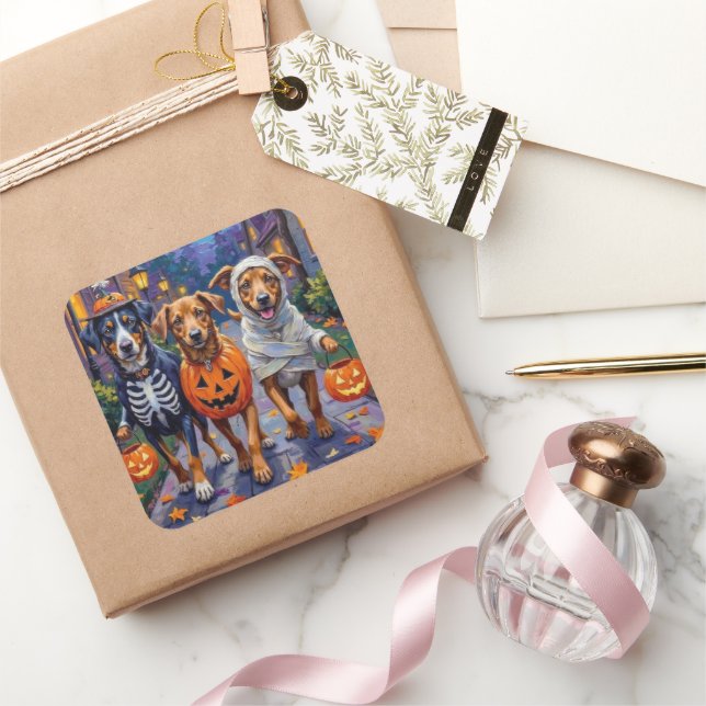 Norwegian Lundehund Trick-or-Treating Halloween Square Sticker (Gifting)