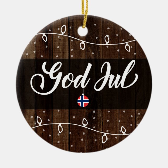 Norwegian Merry Christmas, God Jul Rustic Style Ceramic Ornament (Front)