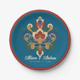Norwegian Rosemaling Blue Wedding Paper Plate