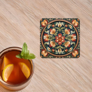 Norwegian Rosemaling Decorative Folk Art Square Paper Coaster