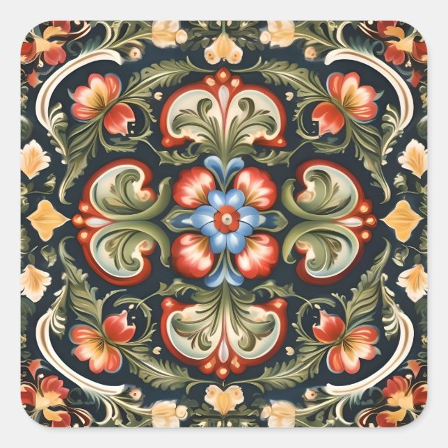 Norwegian Rosemaling Decorative Folk Art Square Sticker (Front)