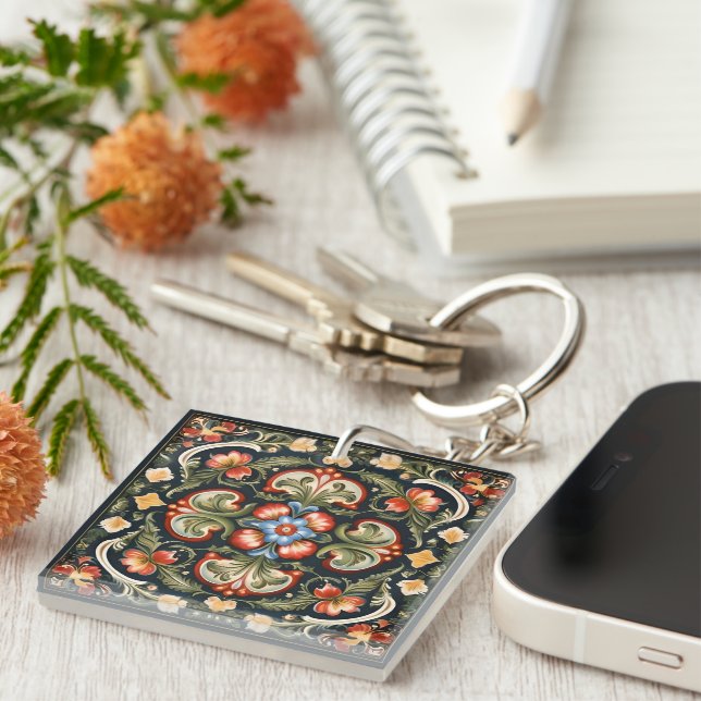 Norwegian Rosemaling Decorative Keychain (Front Right)