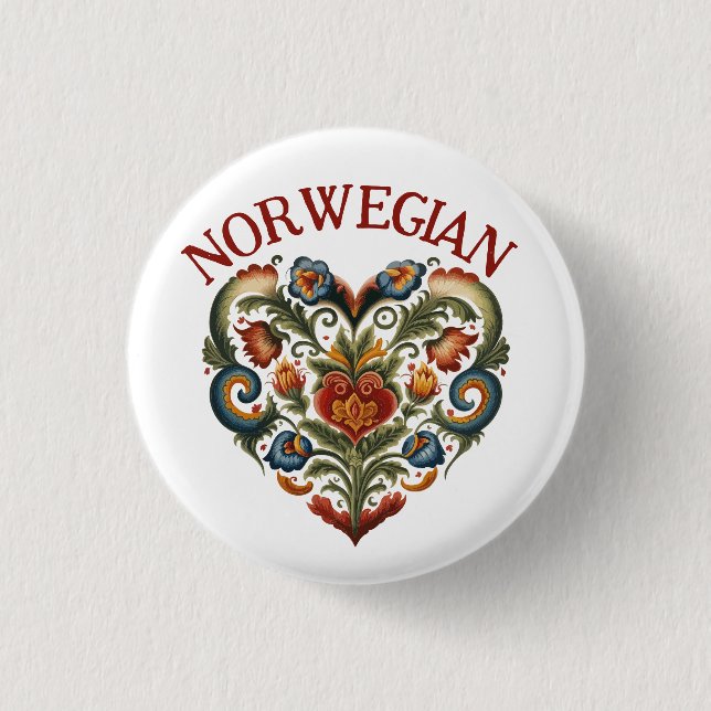 Norwegian Rosemaling Folk Art Heart  1 Inch Round Button (Front)
