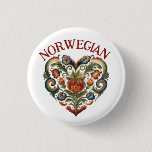 Norwegian Rosemaling Folk Art Heart  1 Inch Round Button